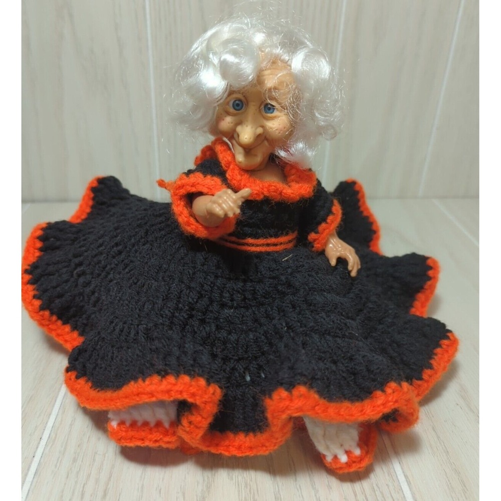 Old woman lady witch crocheted dress black white orange tree topper or shelf dec